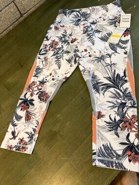 Zella Womens Medium White Tropical Print Capri Leggings With Mesh Panels